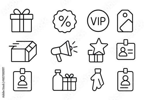 Campaign Rewards Icons. Outline vector icons of campaign rewards and perks: gift box, discount badge, VIP