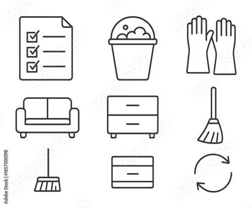 Spring Cleaning Icons. Outline vector icons of spring cleaning checklist: checklist paper, marked boxes,