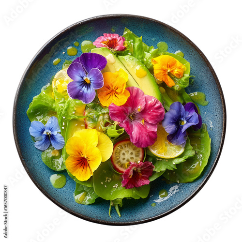 Colorful salad with sliced avocado, lemon, green tomato and vibrant edible flowers on blue plate