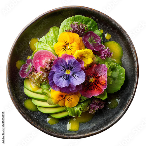 Fresh gourmet salad with vibrant edible pansy flowers, avocado slices, mixed greens, and radish on dark ceramic plate