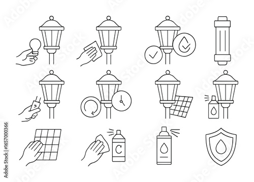 Garden Lighting Maintenance Icons. Outline vector icons of stress relief and emotional balance: calm heart,