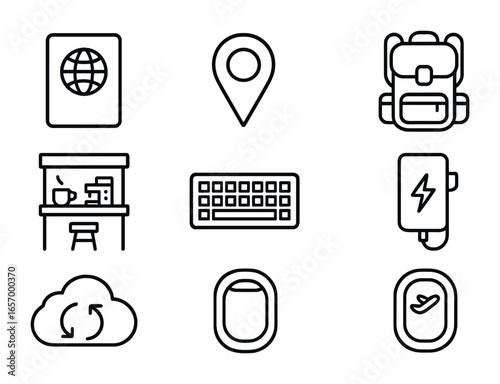 Digital Nomad Icons. Outline vector icons of digital nomads at work: passport icon, map pin, travel backpack,