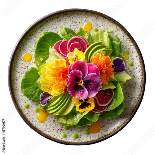 Artistic salad with pansy and marigold edible flowers, avocado slices, leafy greens, and radish on ceramic plate