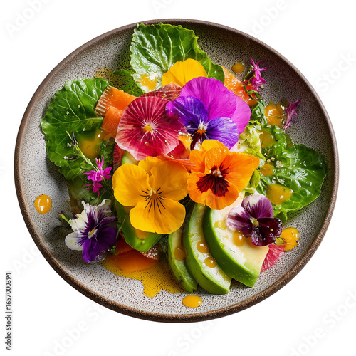 Colorful salad topped with pansy edible flowers, avocado slices, and leafy greens on speckled ceramic plate
