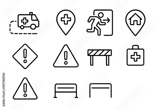 Emergency Map Icons. Outline vector icons of emergency map markings: ambulance route, first aid marker, fire