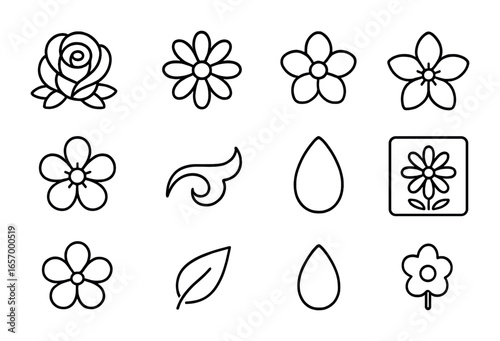 Floral Cake Icons. Outline vector icons of floral cake decorations: sugar rose, edible daisy, piped blossom,