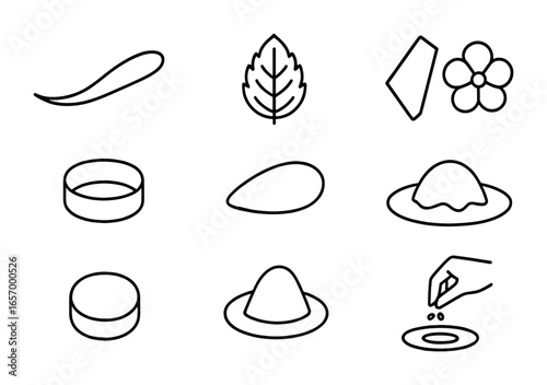 Elegant Dessert Icons. Outline vector icons of elegant dessert plating: sauce swoosh, mint leaf, sugar shard,