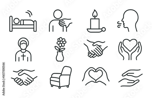 Palliative Care Icons. Outline vector icons of palliative care support: peaceful bed, hand on shoulder, candle