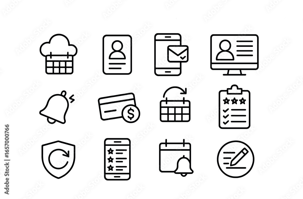 Salon Management Icons. Outline vector icons of digital salon management: cloud calendar, client history,