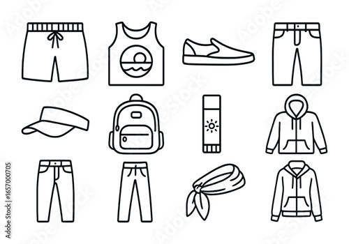 Beachwear to Streetwear Icons. Outline vector icons of beach to streetwear looks: board shorts, graphic tank,