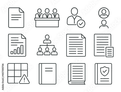 Governance Icons Grid. Outline vector icons of governance and transparency: open file, board structure,