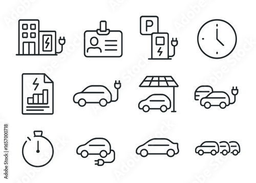 Workplace EV Charging Icons. Outline vector icons of EV charging at workplaces: office station, employee badge