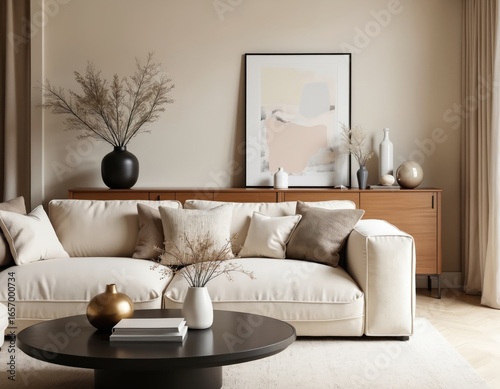 Contemporary living room neutral tones, elegant decor. Features plush sofa with textured pillows, round coffee table, modern artwork, wooden sideboard with decorative objects, plants. Warm light