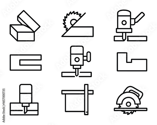 Carpentry Cut Icons Grid. Outline vector icons of carpentry cutting tasks: miter cut, bevel cut, rip cut, dado