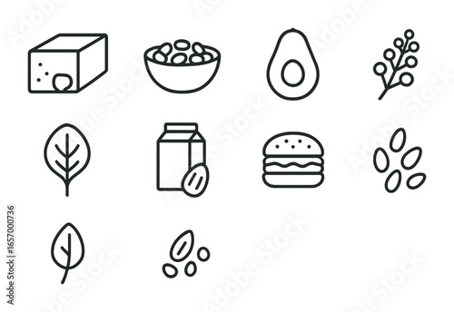 Plant-Based Nutrition Icons. Outline vector icons of plant-based nutrition: tofu block, legumes bowl, avocado,