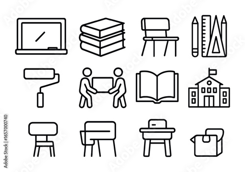 Education Icon Grid. Outline vector icons of rebuilding schools and education: chalkboard icon, stack of books