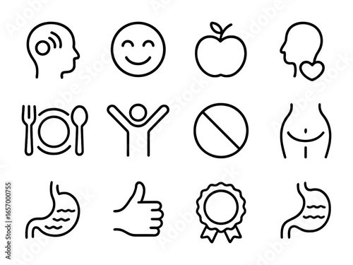 Intuitive Eating Icons. Outline vector icons of intuitive eating concepts: hunger signal, satisfaction icon,