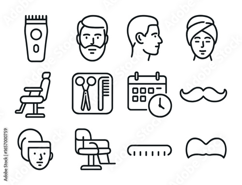 Men's Grooming Icons. Outline vector icons of men's grooming appointments: clipper icon, beard trim, fade cut,