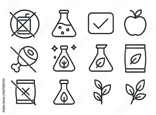 Avoid Processed Foods Icons. Outline vector icons of avoiding processed foods: crossed-out soda, preservative