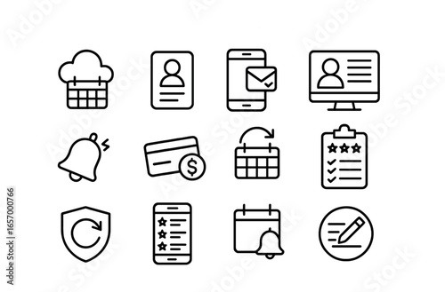 Salon Management Icons. Outline vector icons of digital salon management: cloud calendar, client history,