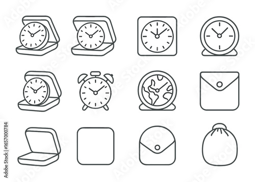Travel Clock Icons. Outline vector icons of travel clocks: foldable design, compact case, analog dial,
