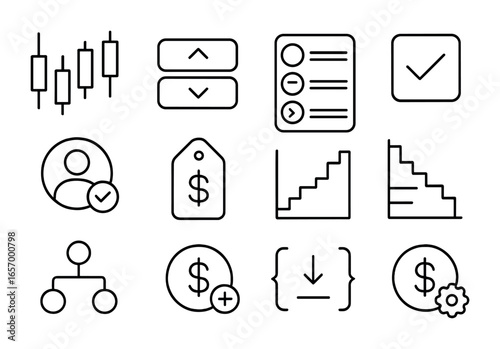 Crypto Interface Icon Set. Outline vector icons of crypto exchange interface: candlestick chart, buy/sell
