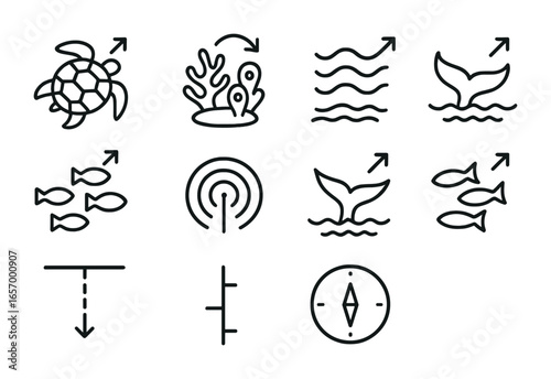 Marine Migration Icons. Outline icon set of marine animal migration: sea turtle, coral reef waypoint, ocean