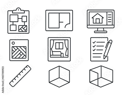 Room Design Icons. Outline icon set of room transformation planning: mood board, layout sketch, design