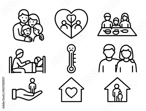 Family Support Icons. Outline icon set of family emotional support: hugging family, family tree heart, shared
