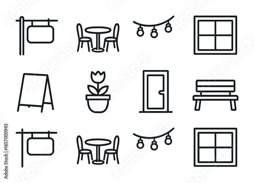 Café Icon Collection. Outline icon set of café exterior details: outdoor sign, bistro table, string lights,