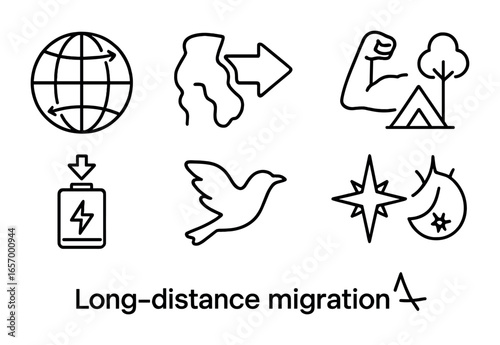 Migration Icon Set. Outline icon set of long-distance migration: globe route, transcontinental arrow,