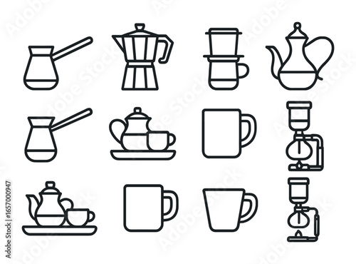 Global Coffee Icons. Outline icon set of global coffee styles: Turkish pot, Italian moka, Vietnamese dripper,