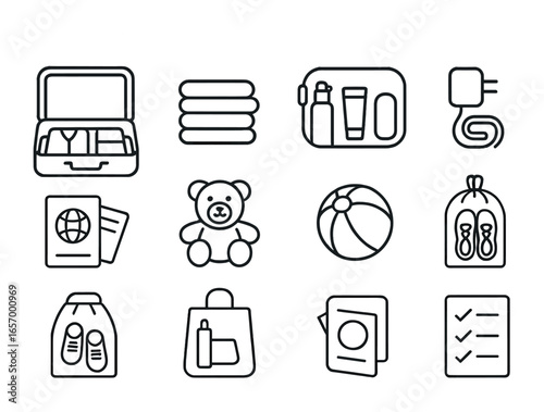 Family Travel Essentials Icons. Outline icon set of packing for family travel: open suitcase, clothing stack,