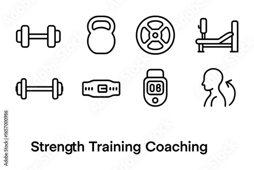Strength Training Icons. Outline icon set of strength training coaching: dumbbell, kettlebell, weight plate,