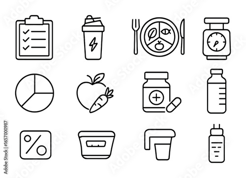 Nutrition Icon Collection. Outline icon set of nutrition coaching: meal plan, protein shake, balanced plate,