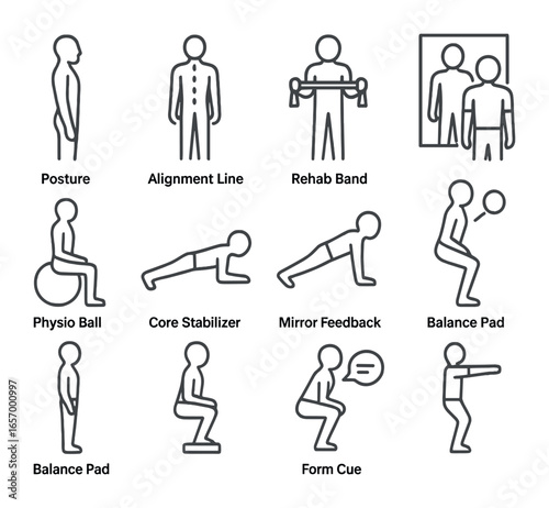 Corrective Exercise Icons. Outline icon set of corrective exercise training: posture icon, alignment line,