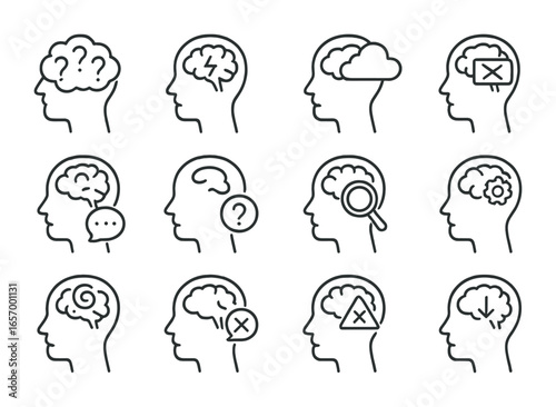 Cognitive Disorder Icons. Outline vector icons of cognitive disorders: dementia, Alzheimer’s, brain fog,