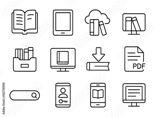 Digital Library Icons. Outline vector icons of digital libraries: eBook, tablet, e-reader, cloud storage,