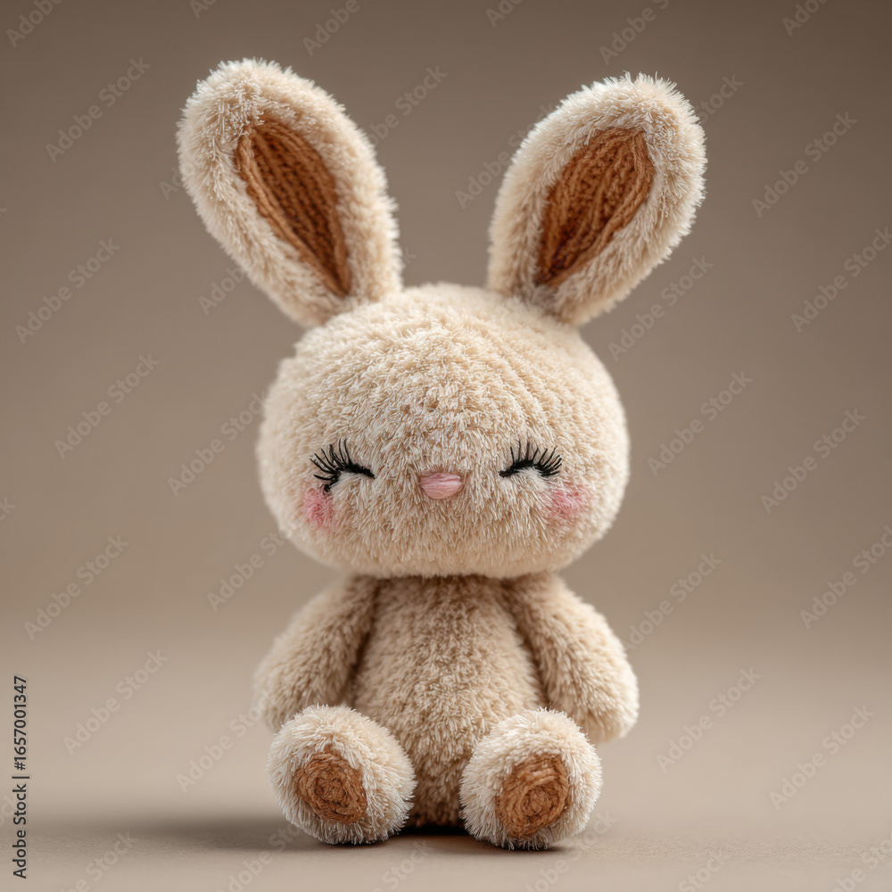 Fototapeta premium Adorable crochet amigurumi bunny plush toy with long floppy ears and big eyes. Handmade stuffed rabbit doll made of soft yarn. Cozy handmade craft toy sitting on knitted fabric indoors.