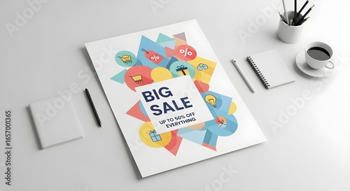 Big Sale Poster on White Desk with Office Supplies