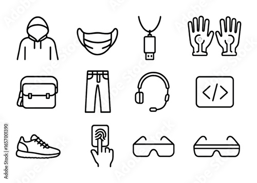 Hacker Fashion Icons. Outline vector icons of hacker fashion: black hoodie, face mask, USB necklace, glowing