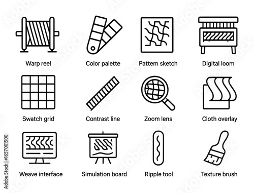 Textile Design Tools Icons. Outline vector icons of moiré textile design tools: warp reel, color palette,