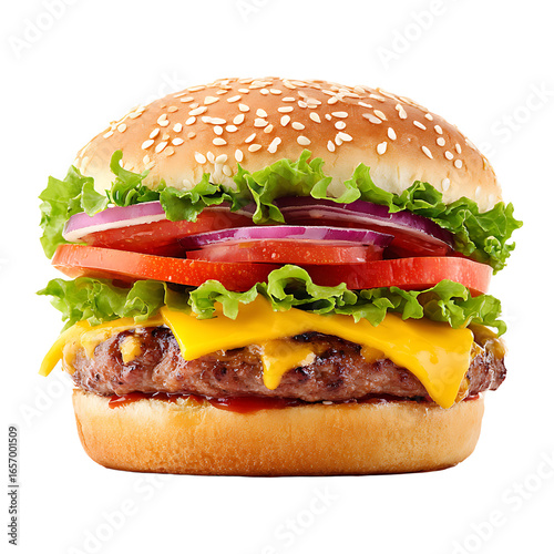 Wallpaper Mural A mouthwatering stacked burger oozing with cheese fresh lettuce red onion and ripe tomato all nestled between a sesame seed bun Torontodigital.ca