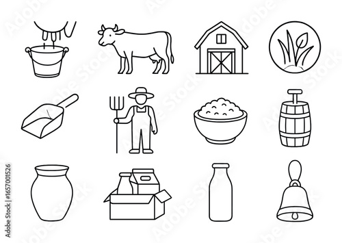 Dairy Farming Icons. Outline vector icons of small-scale dairy farming: bucket milking, single cow, backyard