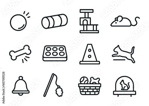 Indoor Pet Playtime Icons. Outline icon set of indoor pet playtime: bouncing ball, cat tunnel, climbing tree,