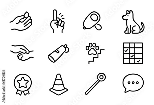 Pet Training Icons. Outline icon set of training pets at home: treat in hand, command symbol, clicker tool,