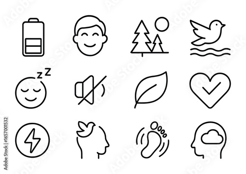 Nature Recharge Icons. Outline icon set of nature-based emotional recharge: battery icon filling, person