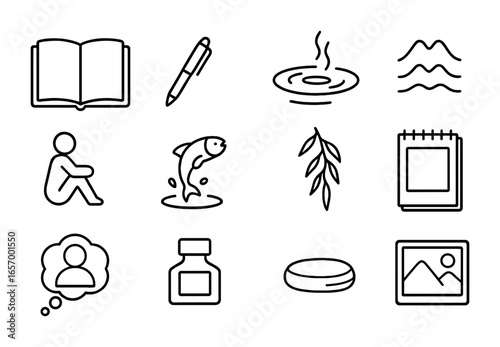 Lakeside Journaling Icons. Outline icon set of lakeside journaling: open notebook, pen, water ripple,