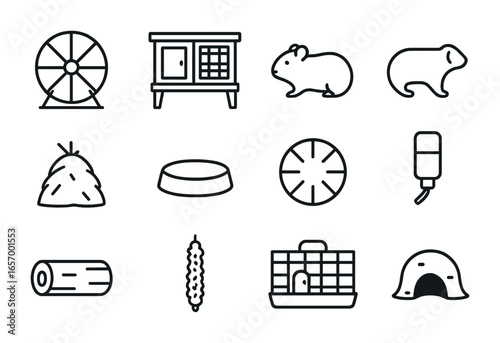 Small Pet Icons. Outline icon set of small pets at home: hamster wheel, rabbit hutch, guinea pig, ferret