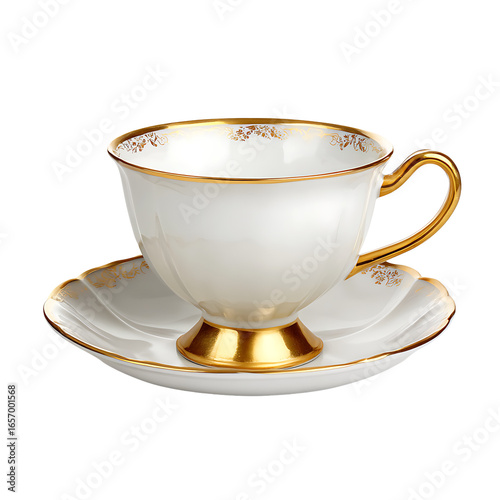 A pristine porcelain teacup trimmed in gleaming gold rests elegantly on its matching saucer against a stark black backdrop